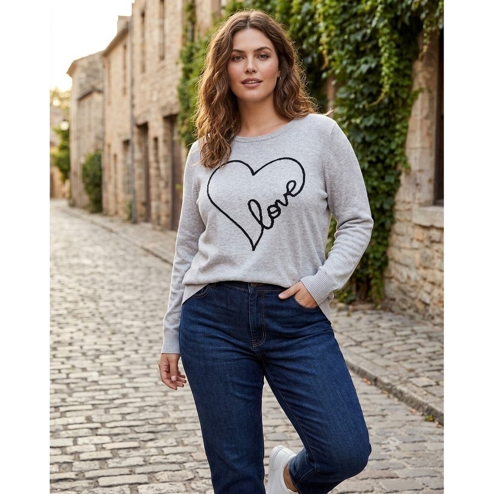 Women's‎ Apt. 9 Gray Love Heart Graphic Boxy Knit Sweater Sz Large Cotton Blend